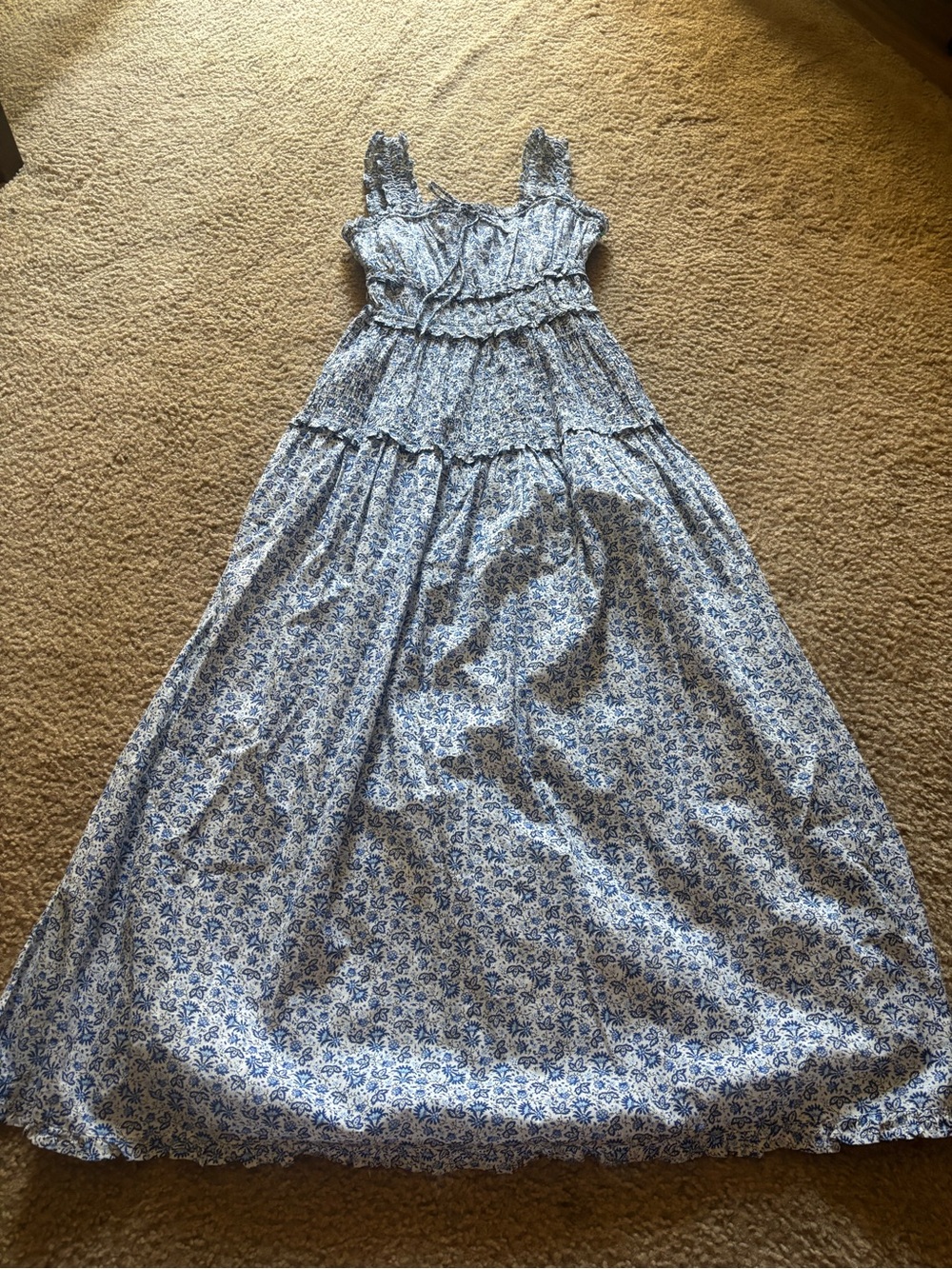 Gap x Doen Blue White Floral Smocked Ruffle Square Neck Strappy Midi Dress 2XS